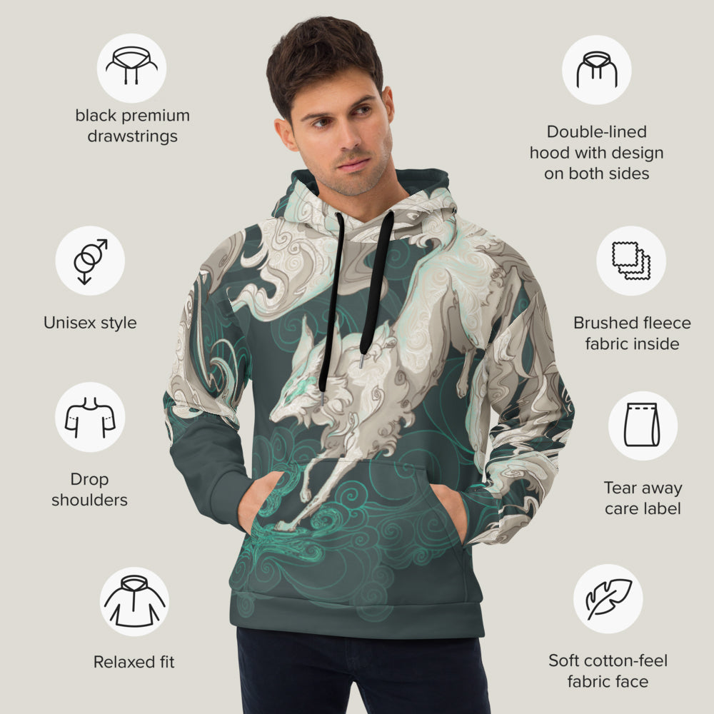 Fantasy Multi-Tailed Fox Emerald Green - Unisex Pullover Hoodie