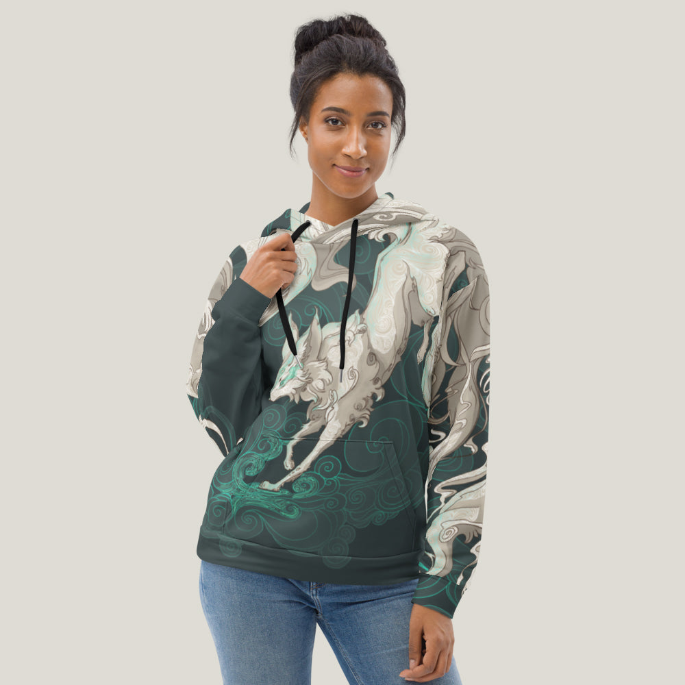 Fantasy Multi-Tailed Fox Emerald Green - Unisex Pullover Hoodie