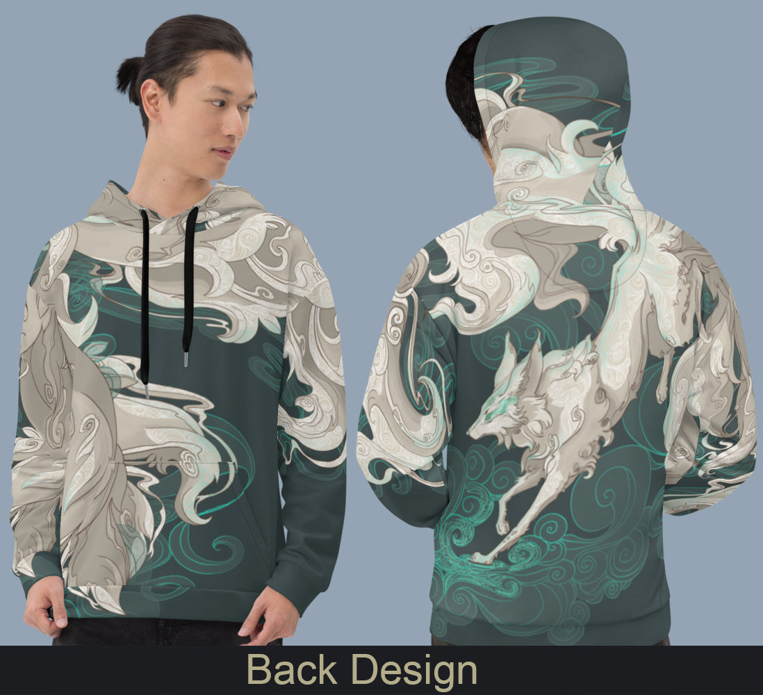 Fantasy Multi-Tailed Fox Emerald Green - Unisex Pullover Hoodie
