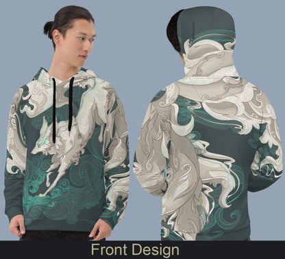 Fantasy Multi-Tailed Fox Emerald Green - Unisex Pullover Hoodie