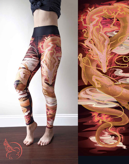 Sakura Chinese Dragon Red and Orange - Yoga Leggings